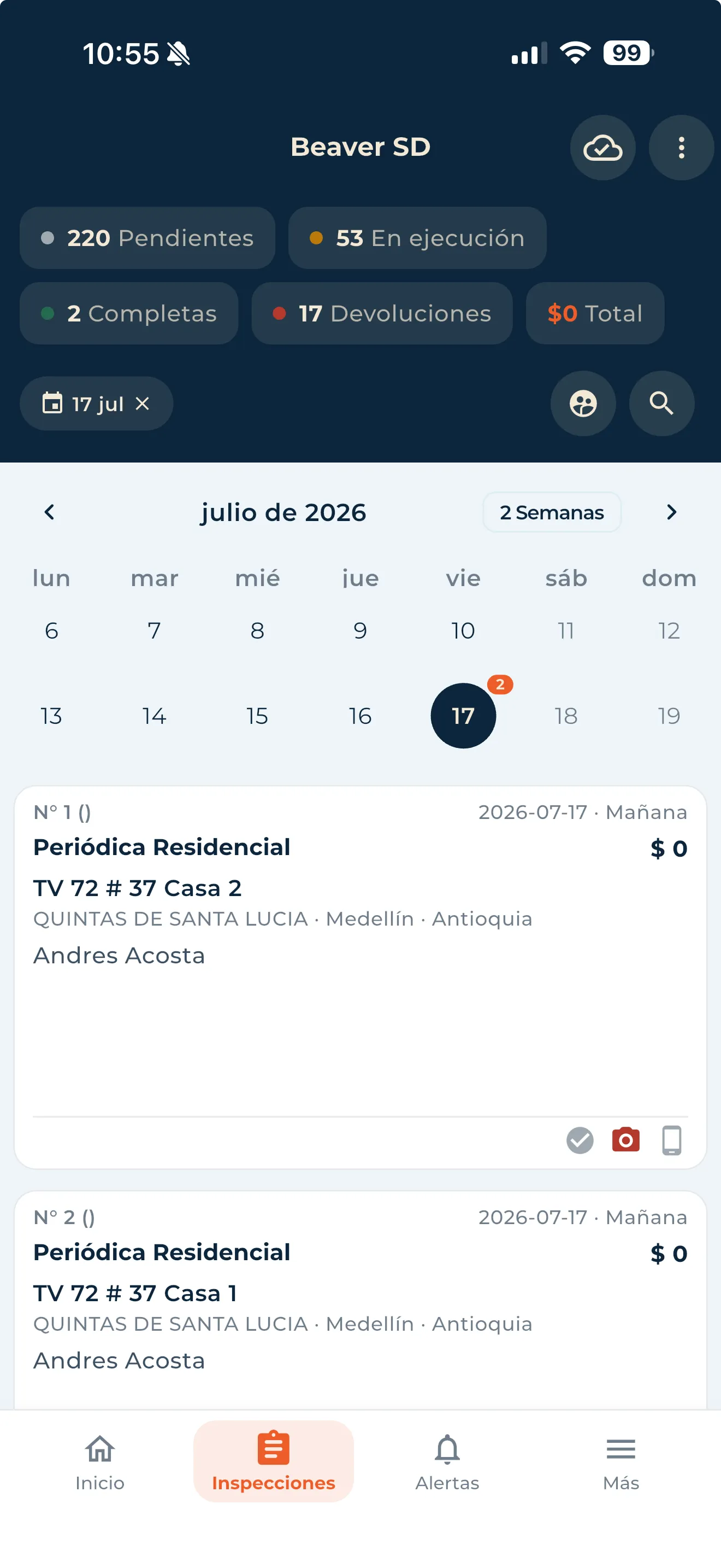 Pantalla de inspecciones de la aplicación: agenda del día, estados de las visitas y detalle de cada inspección